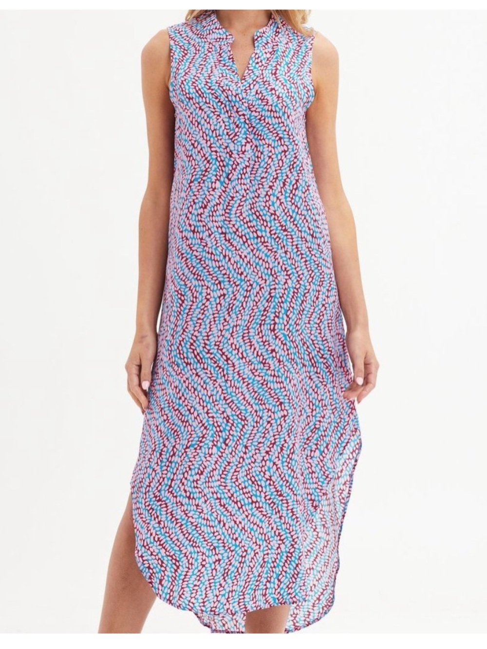 Marie Oliver Ellis 100% Silk Sleeveless Midi Dress in Blue & Pink Print